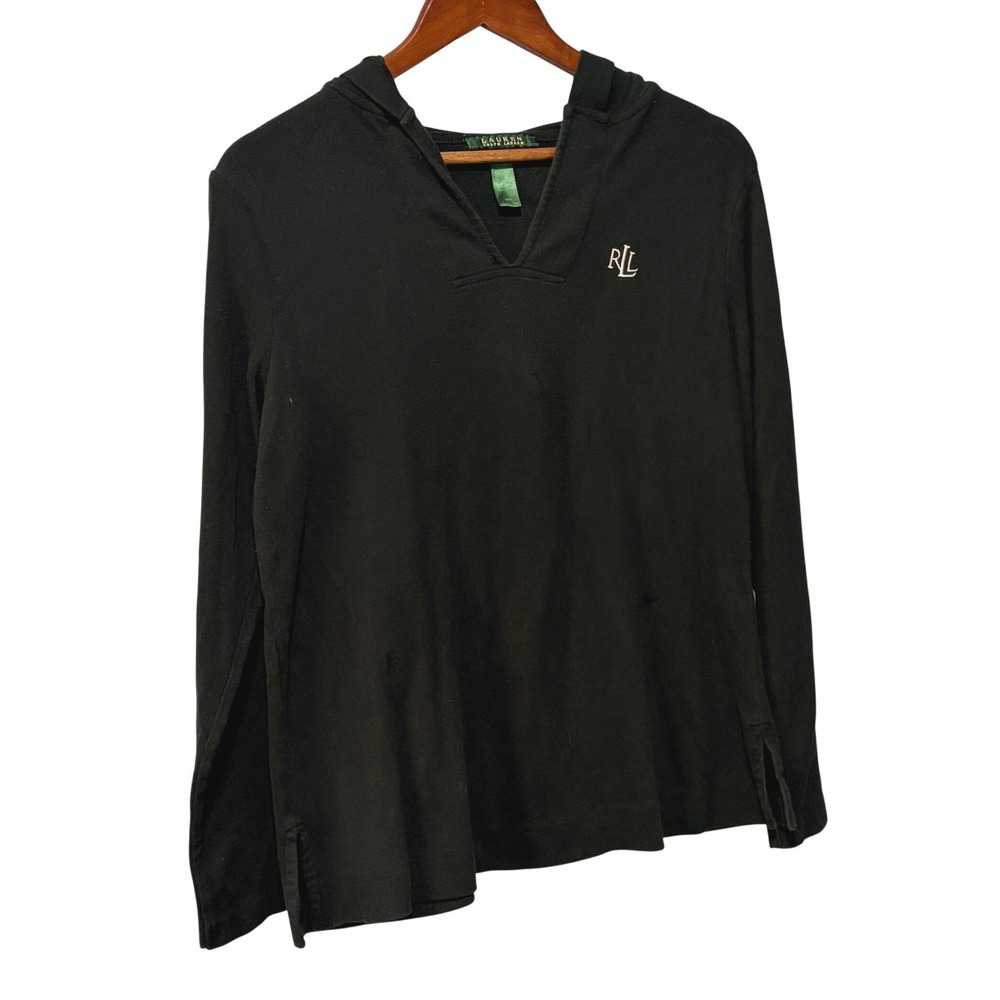 Lauren Ralph Lauren Womens Black Hooded Long Sleeve V-Neck Top RLL Logo Size M